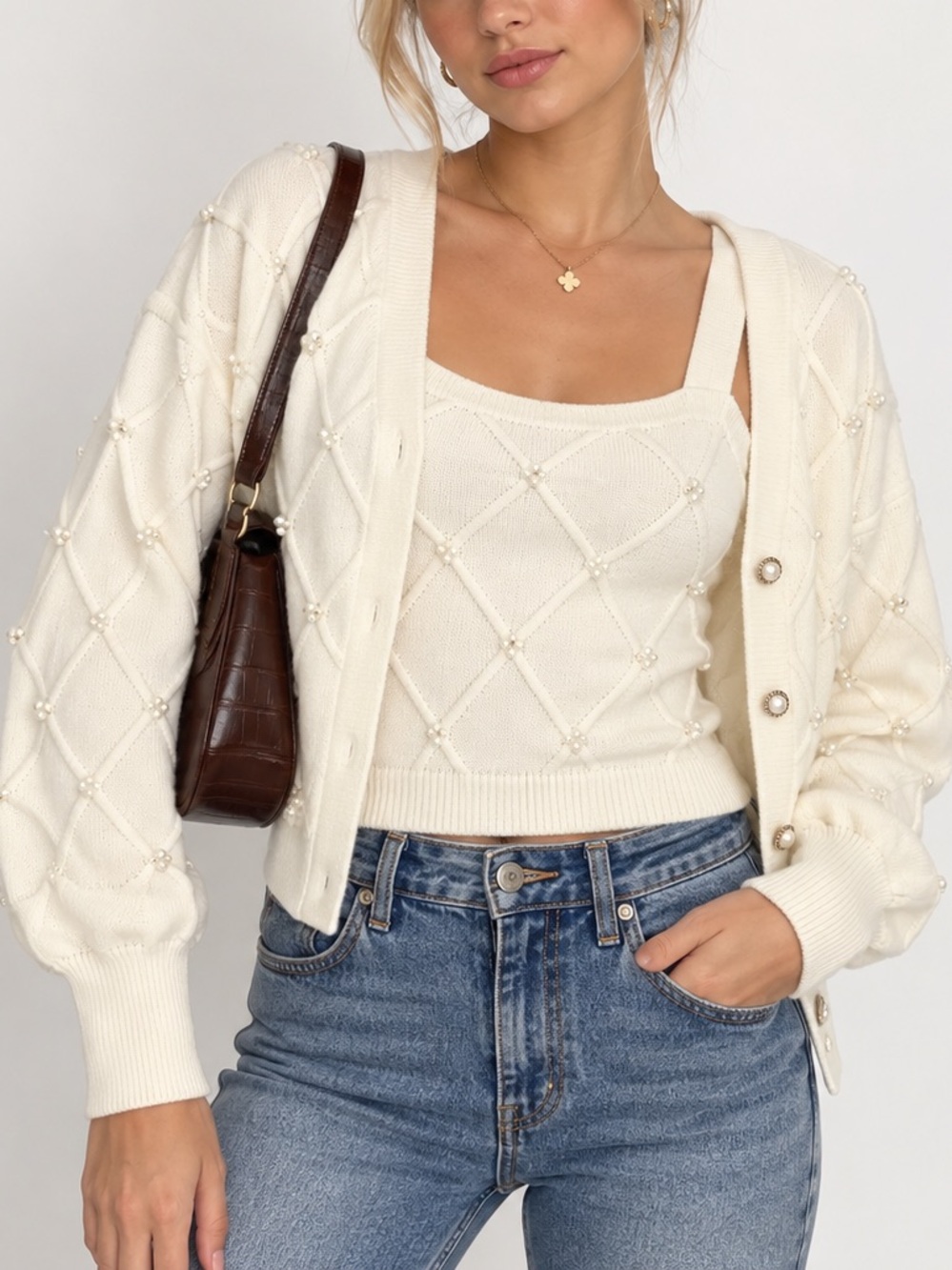 New With Tags Pearl Embellished Argyle Layered Cardigan & Tank Sweater Set Ivory